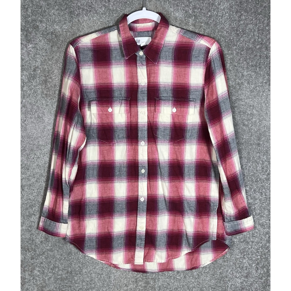Gap Boyfriend Fit Button Up Shirt Womens Sz Small Pink Red Plaid Cotton Pockets